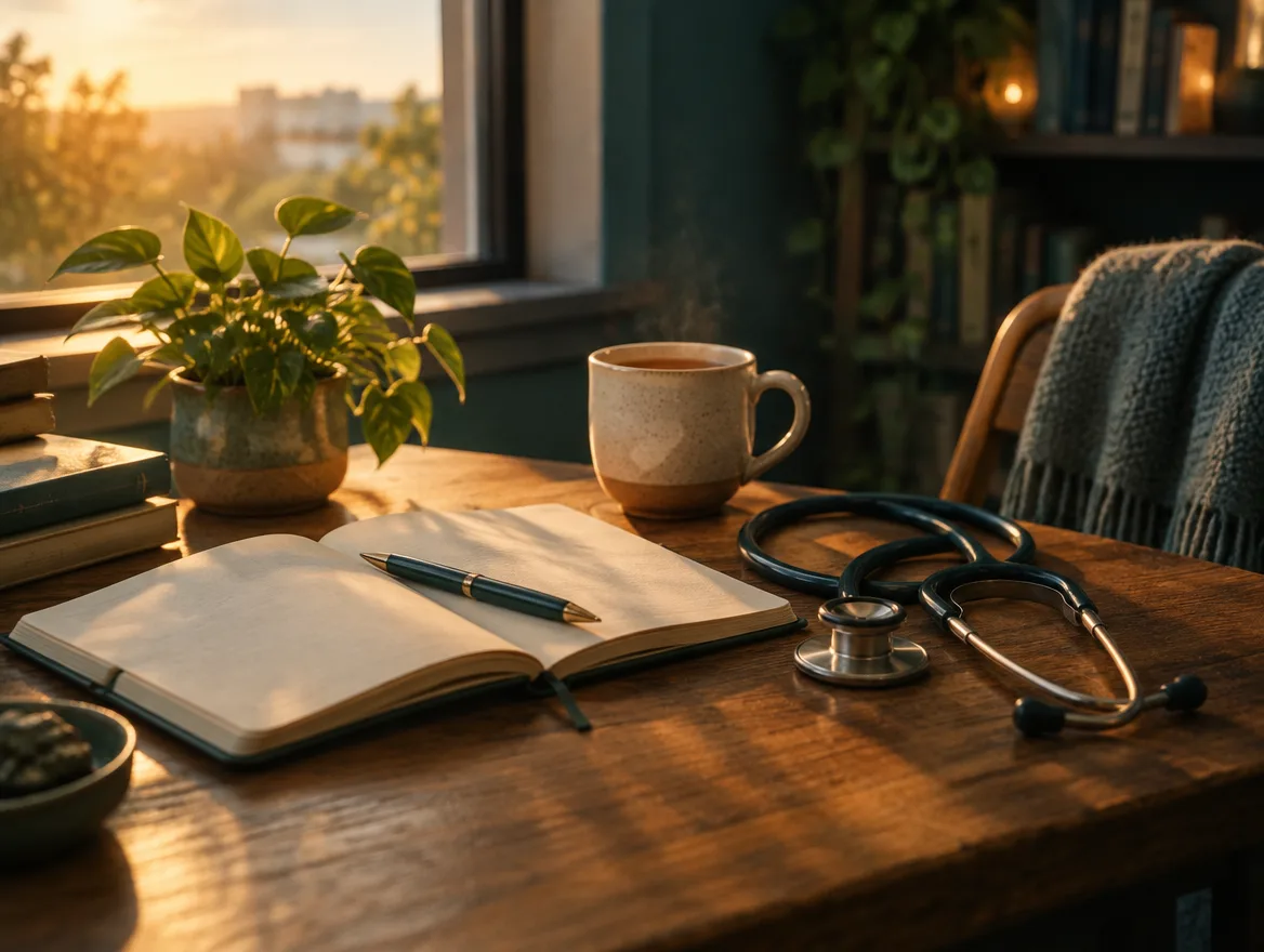 A journal, pen and stethoscope on a sunlit desk