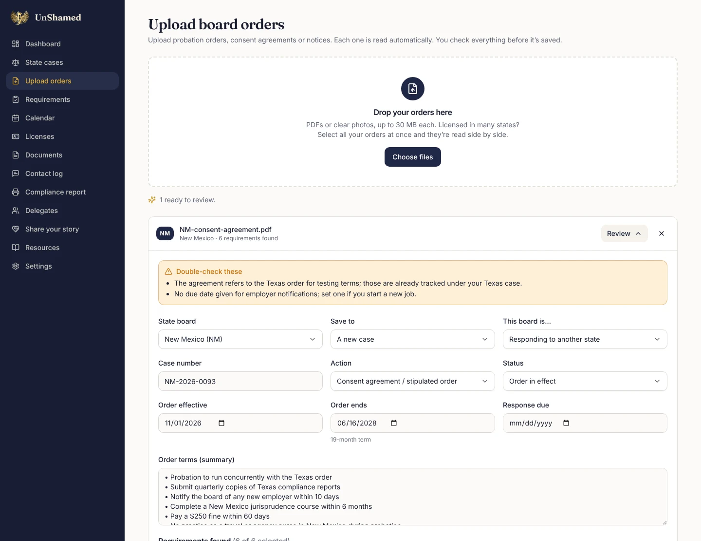 Uploading a New Mexico consent agreement: the companion found six requirements with due dates and flagged two items to double-check